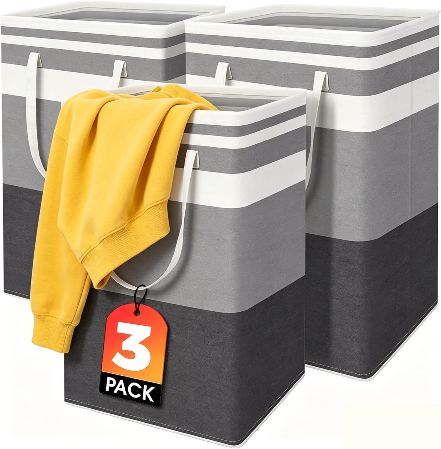 Collapsible Laundry Baskets, 80 L - 3 Pack with Reinforced Frame