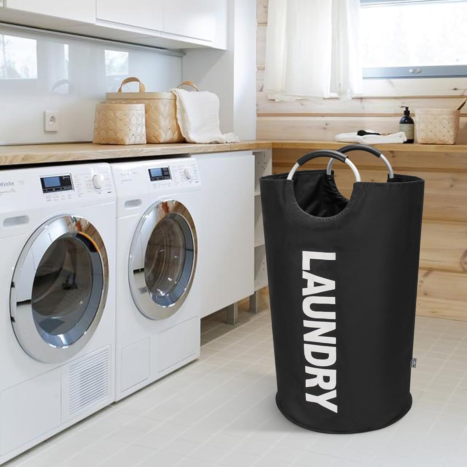 Tall Collapsible Laundry Basket Bag, 90 L - Freestanding, Black