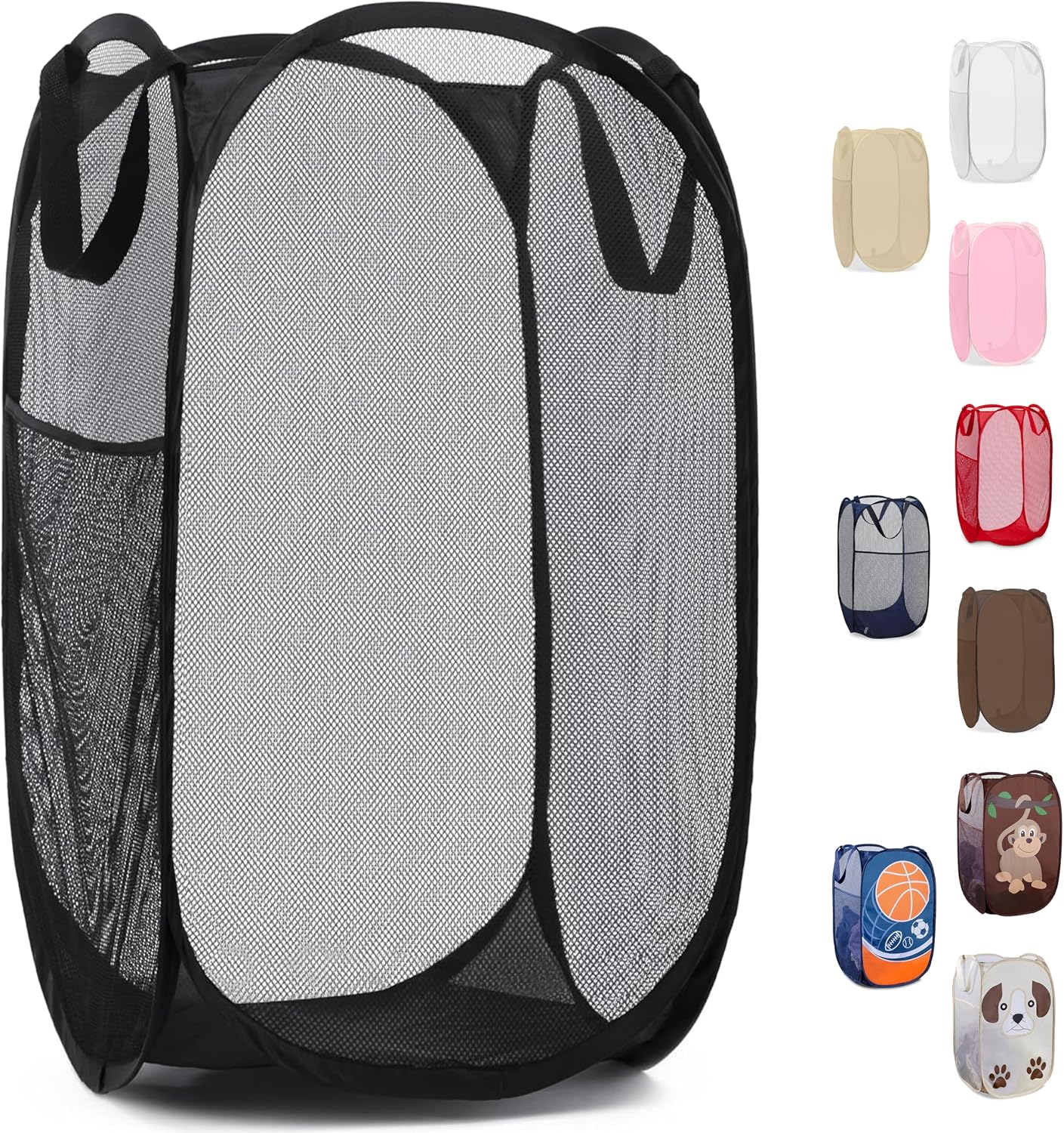 Pop-Up Mesh Hamper with Side Pocket - Collapsible, Black