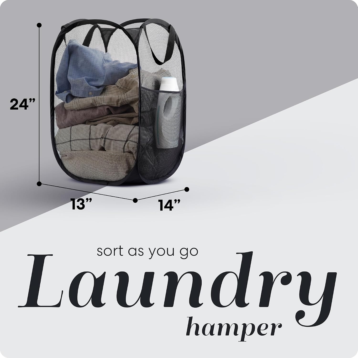 Pop-Up Mesh Hamper with Side Pocket - Collapsible, Black