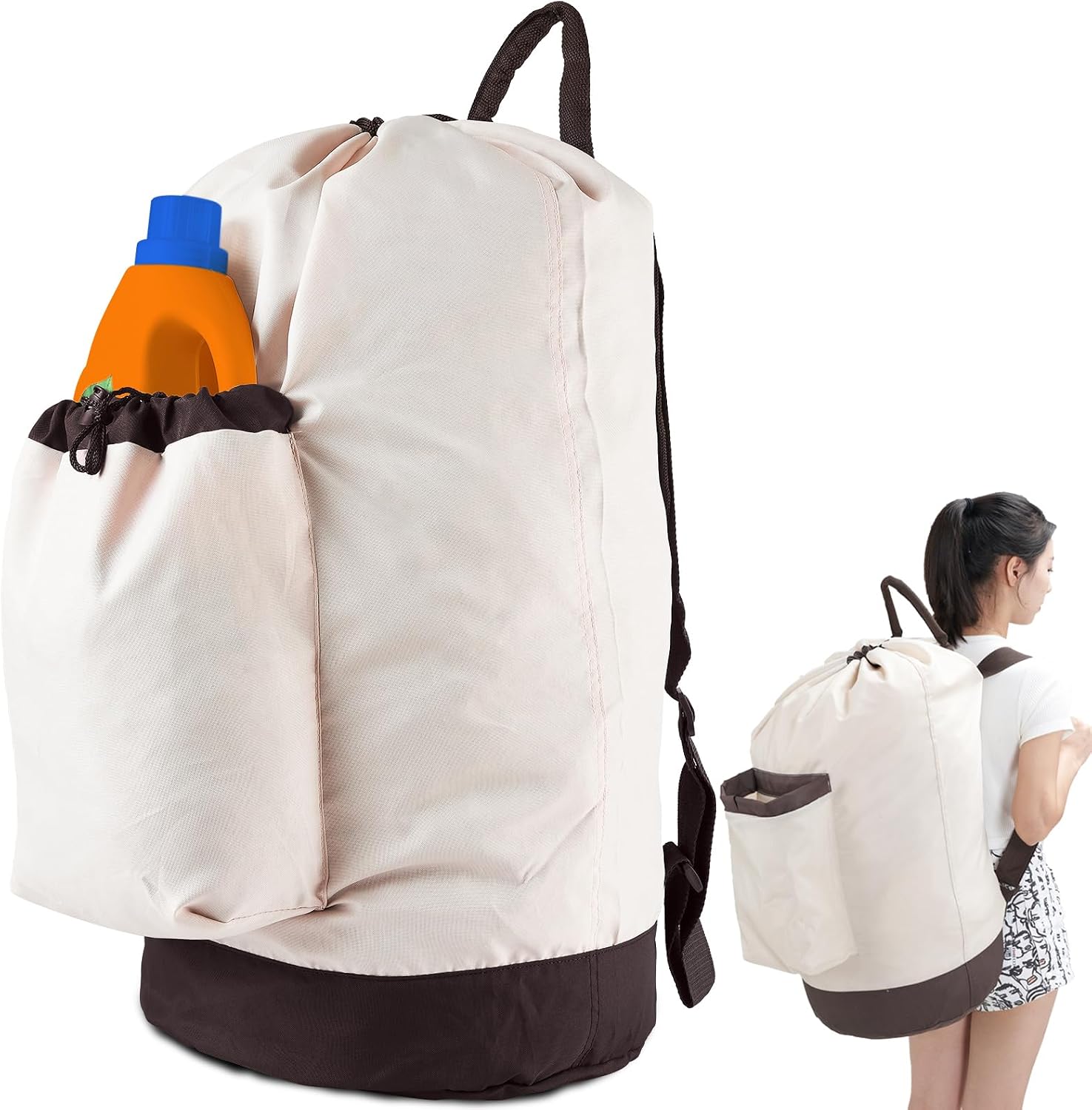 Laundry Backpack with Shoulder Straps and Detergent Pocket - Khaki