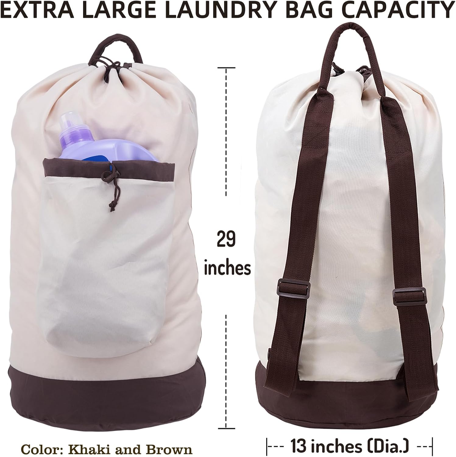Laundry Backpack with Shoulder Straps and Detergent Pocket - Khaki