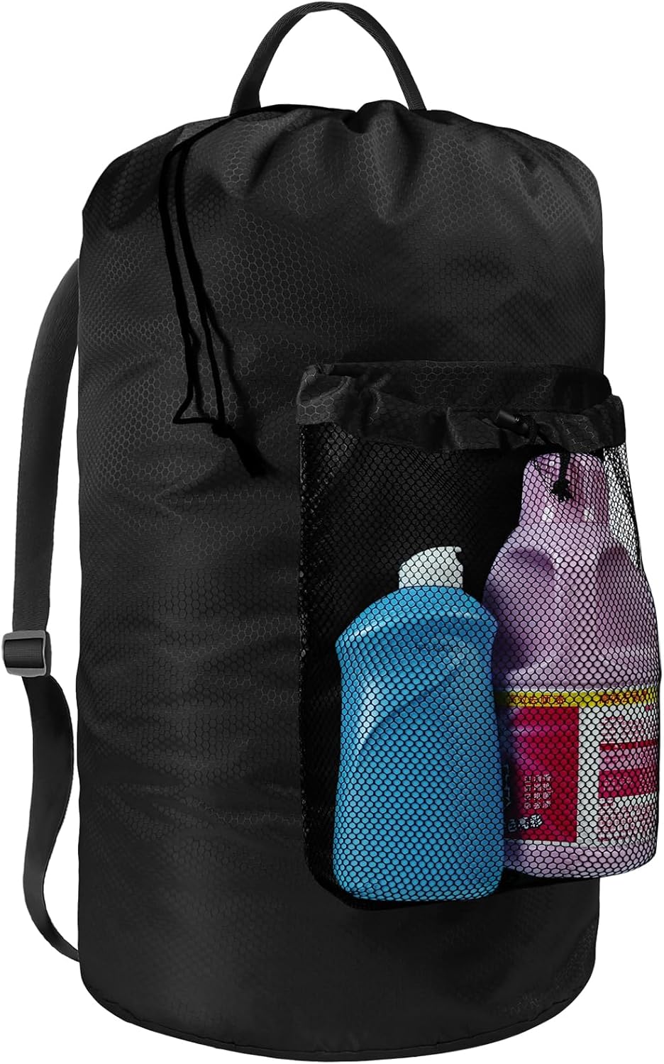 Laundry Backpack with Mesh Pocket, Large - Portable Hamper, Black