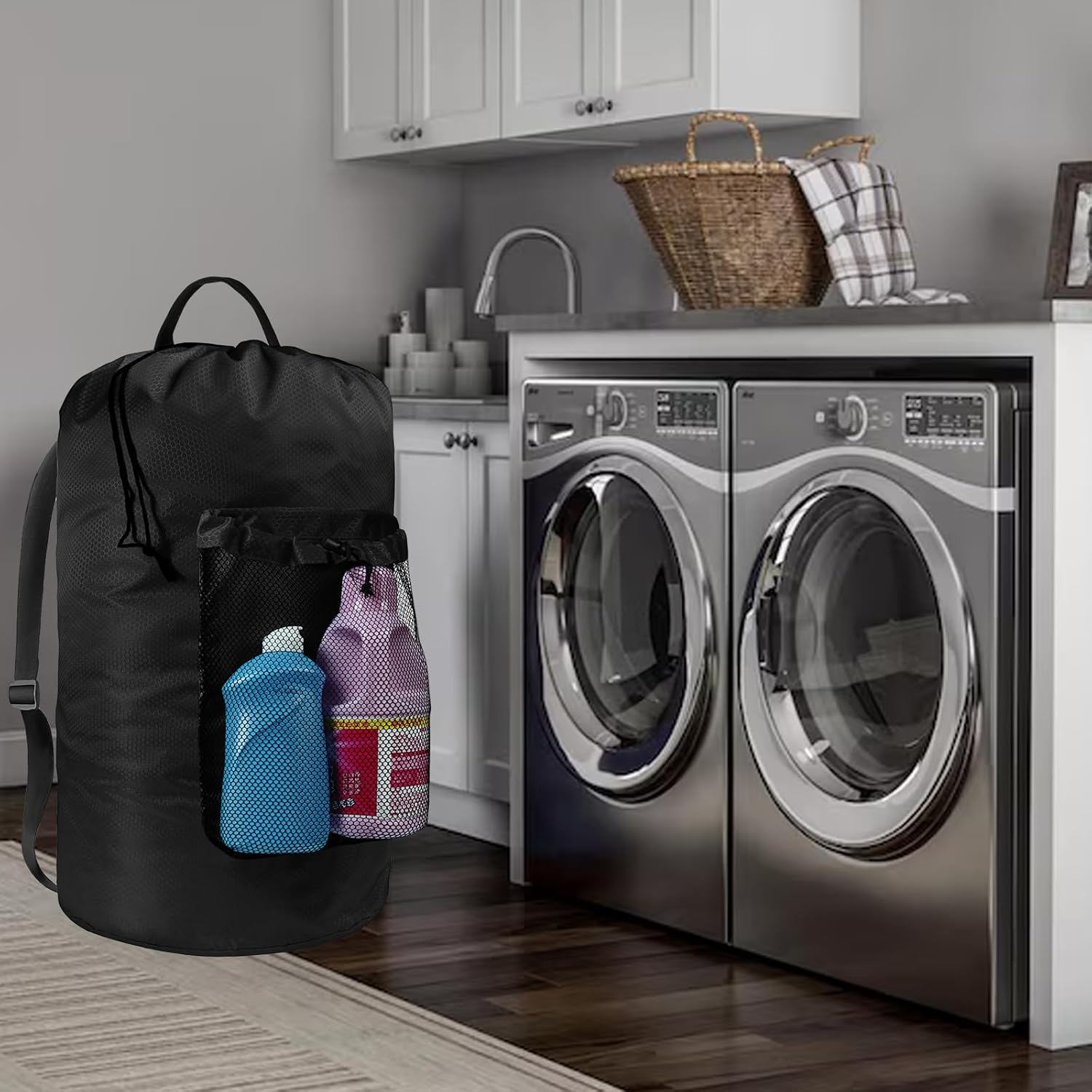 Laundry Backpack with Mesh Pocket, Large - Portable Hamper, Black