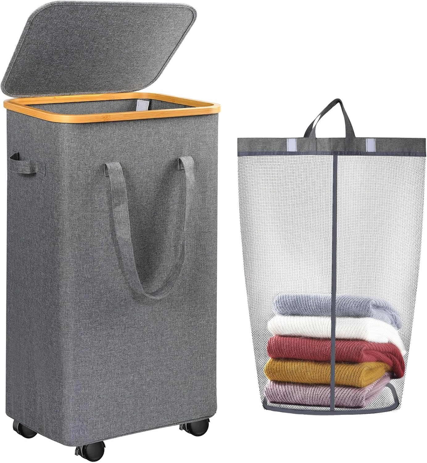 Laundry Hamper with Handle and Removable Bag, 100 L - Collapsible, Grey