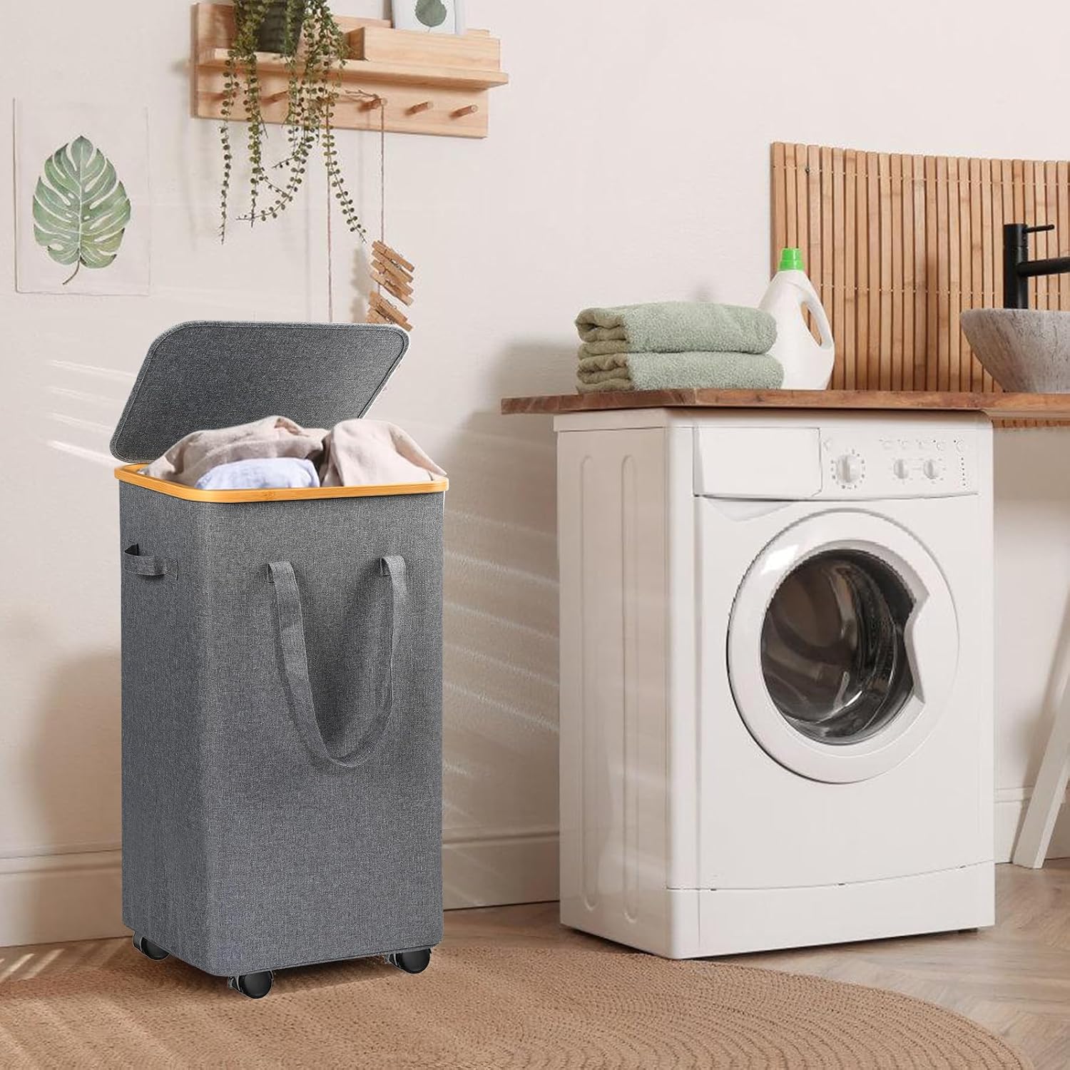 Laundry Hamper with Handle and Removable Bag, 100 L - Collapsible, Grey