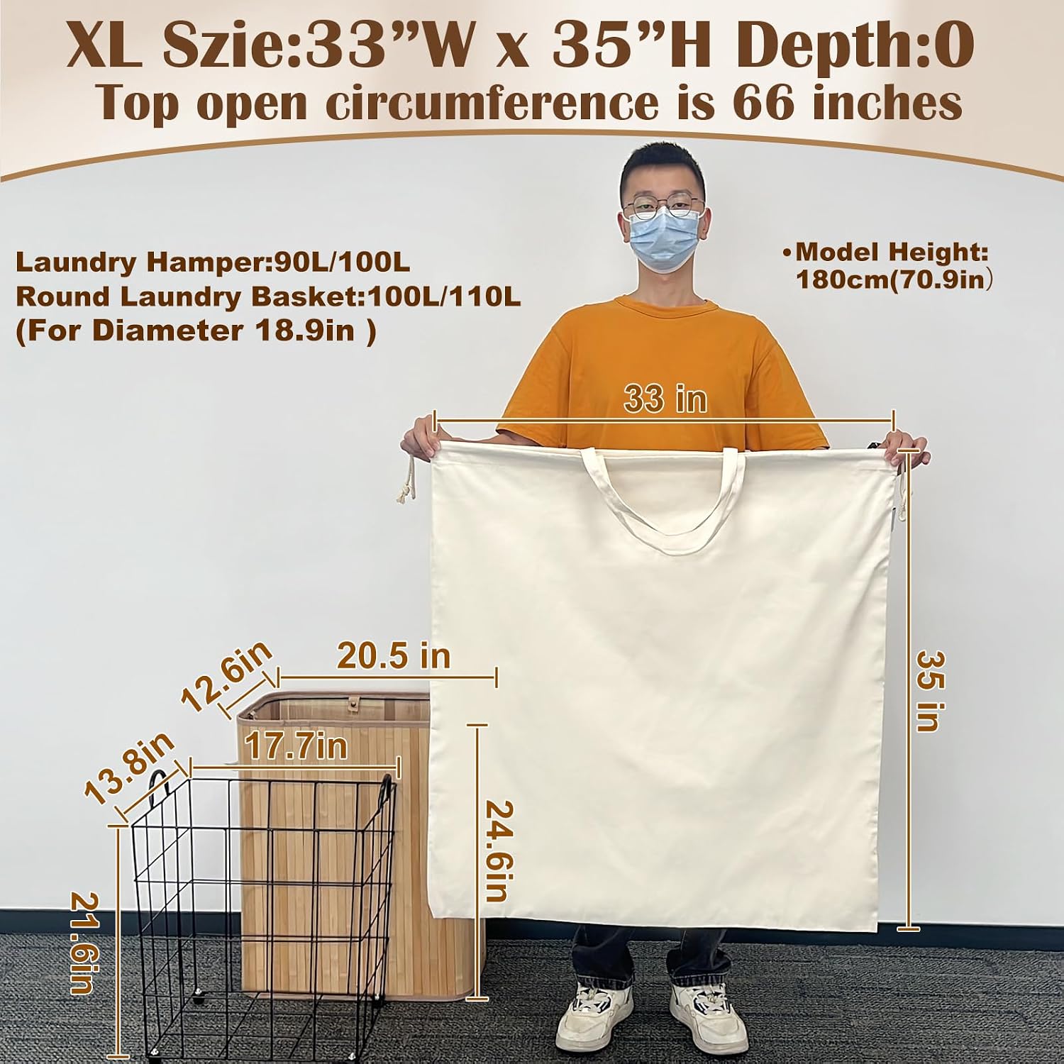 Canvas Laundry Bag, 33 x 35 in - Extra Large Heavy Duty Hamper Liner, Beige