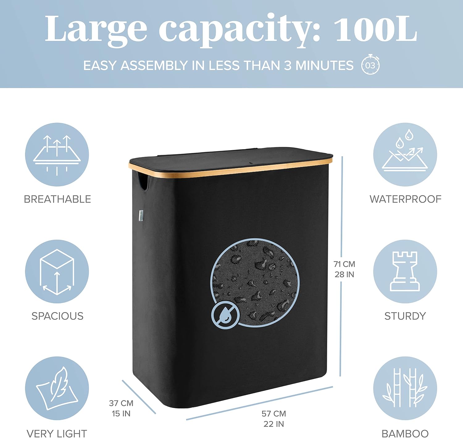 Double Laundry Basket with Lid, 40 Gallons - Bamboo Frame, Breathable Fabric