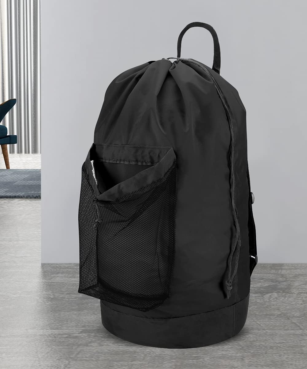 Backpack Laundry Bag, 115 L - Shoulder Straps, Drawstring, Mesh Pocket, Black