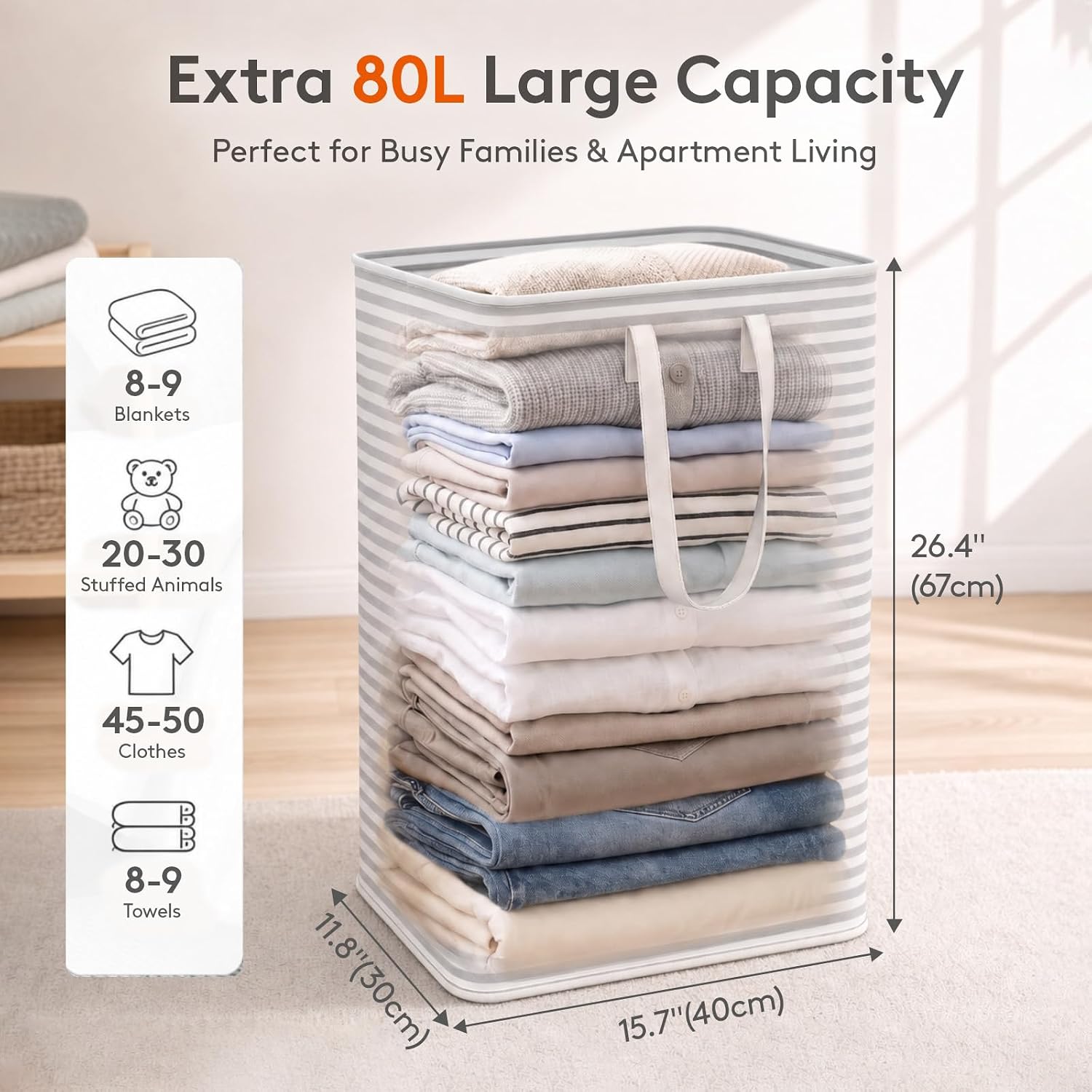 Collapsible Laundry Baskets, 80 L Each - 2 Pack, Waterproof, Grey