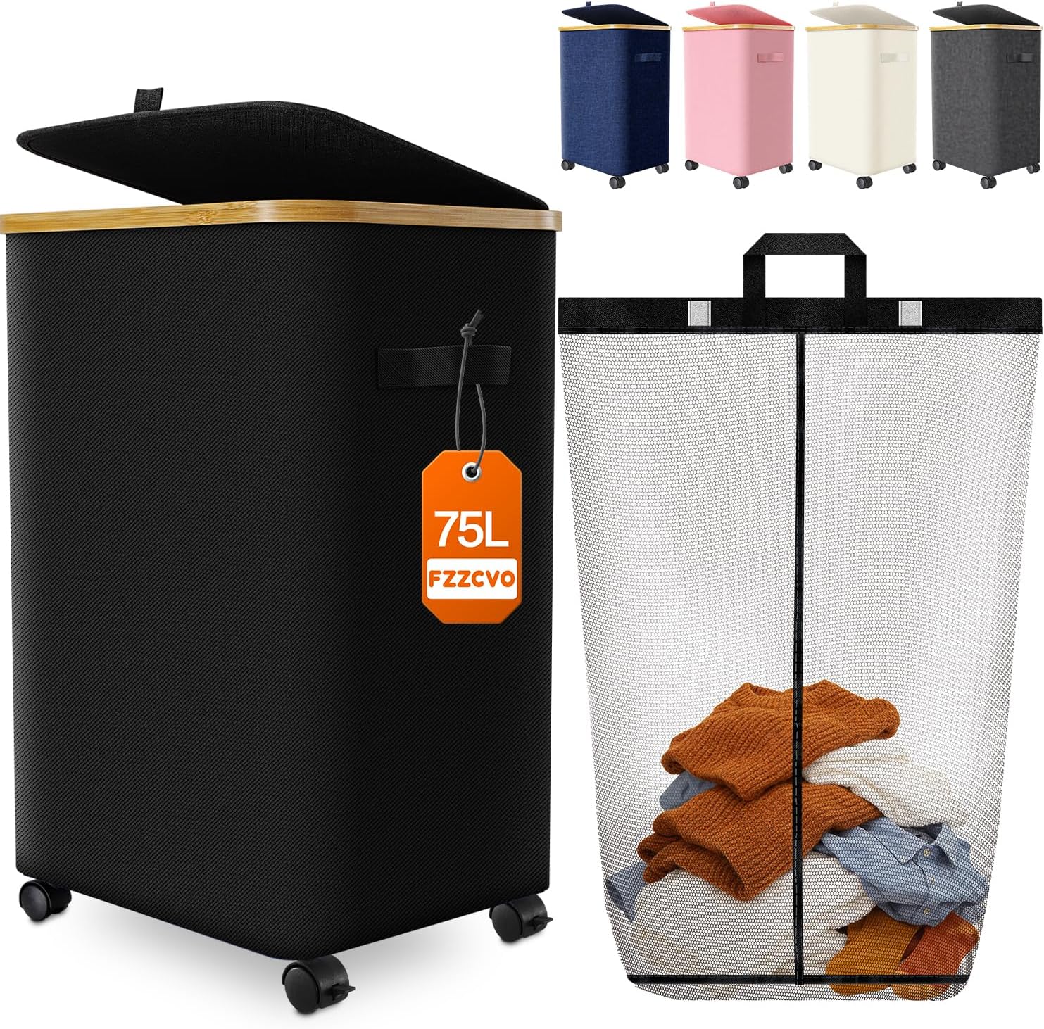 Rolling Laundry Hamper, 75 L - Removable Inner Bag, Collapsible