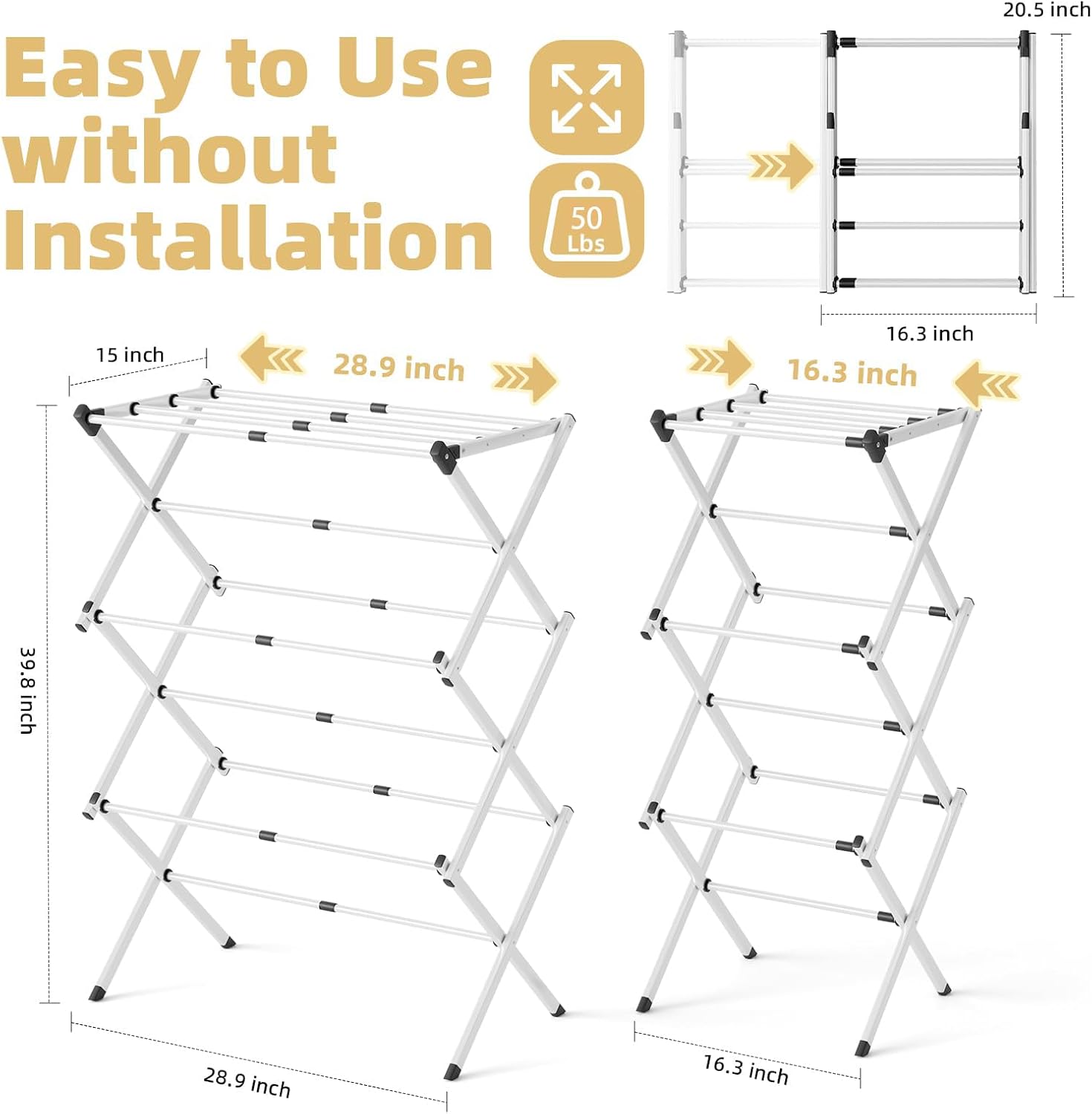 Extendable Foldable Clothes Drying Rack - Rustproof, No Assembly Required, White