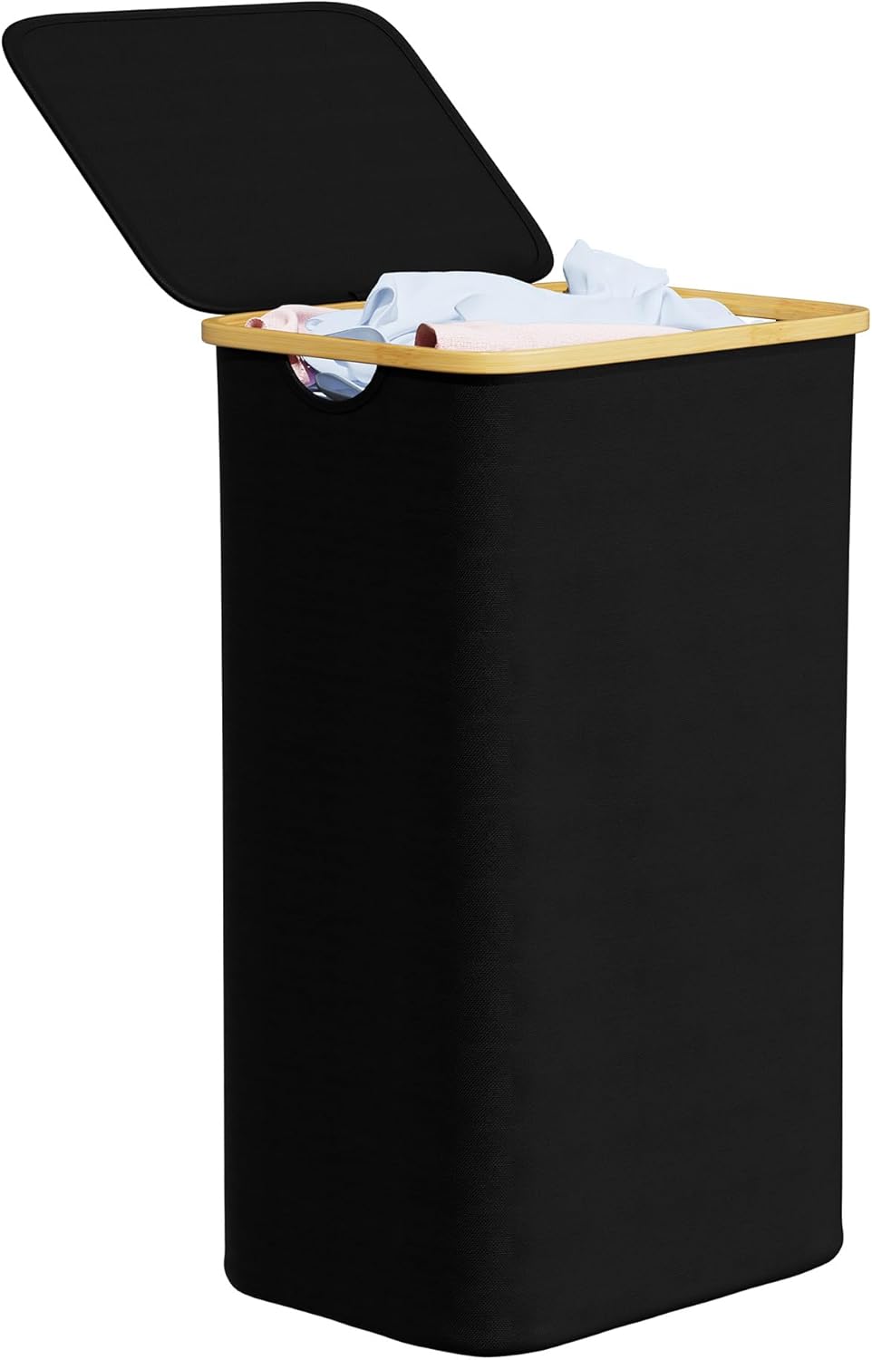 Tall Laundry Hamper with Lid, 110 L - Bamboo Handles, Collapsible, Black
