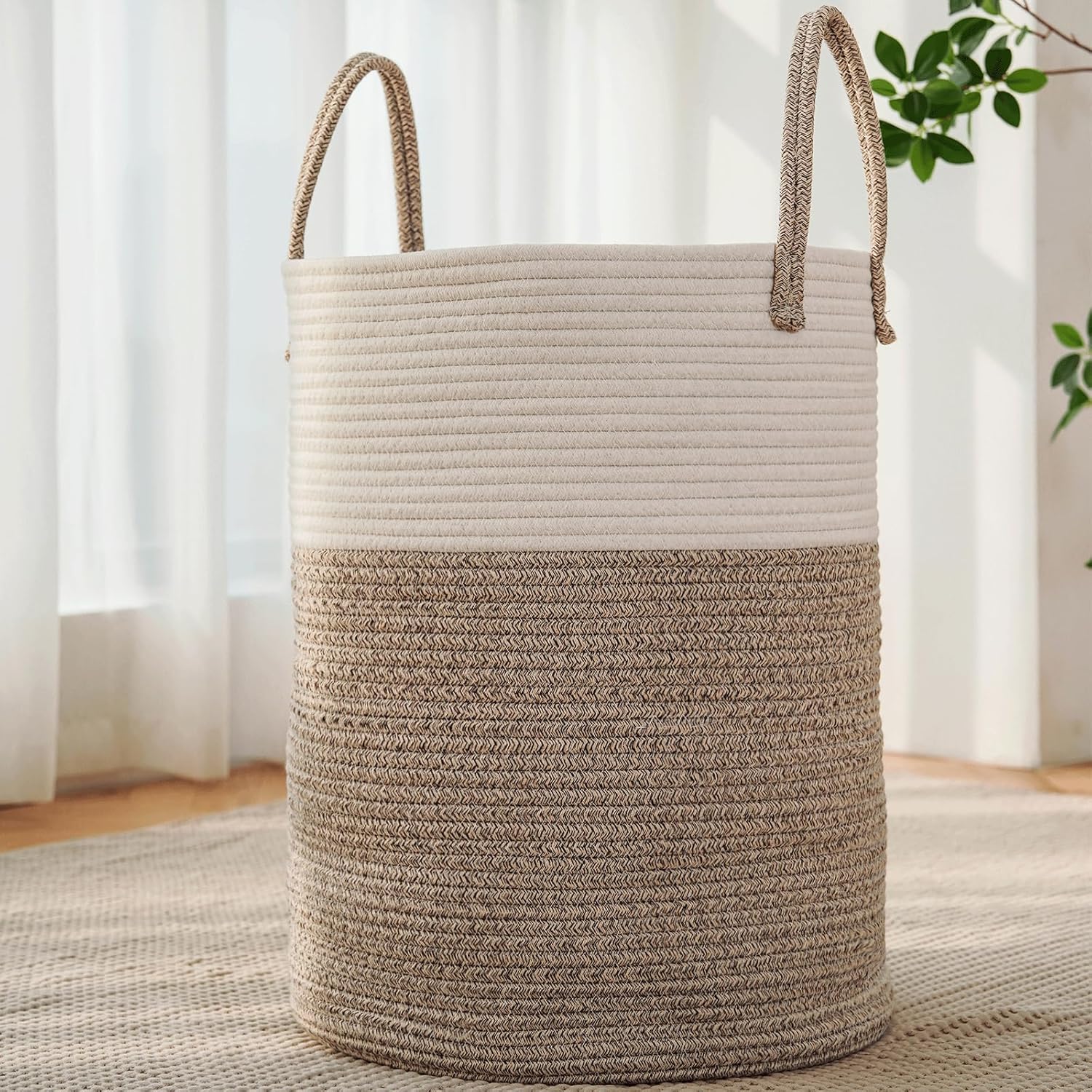 Cotton Rope Laundry Basket, 60 L - Collapsible with Reinforced Handles, Brown
