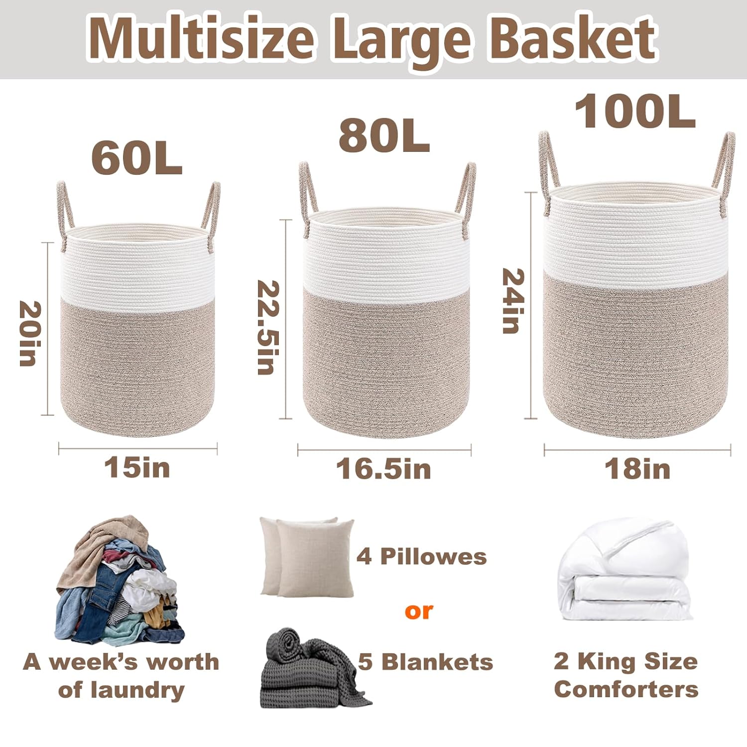 Cotton Rope Laundry Basket, 60 L - Collapsible with Reinforced Handles, Brown