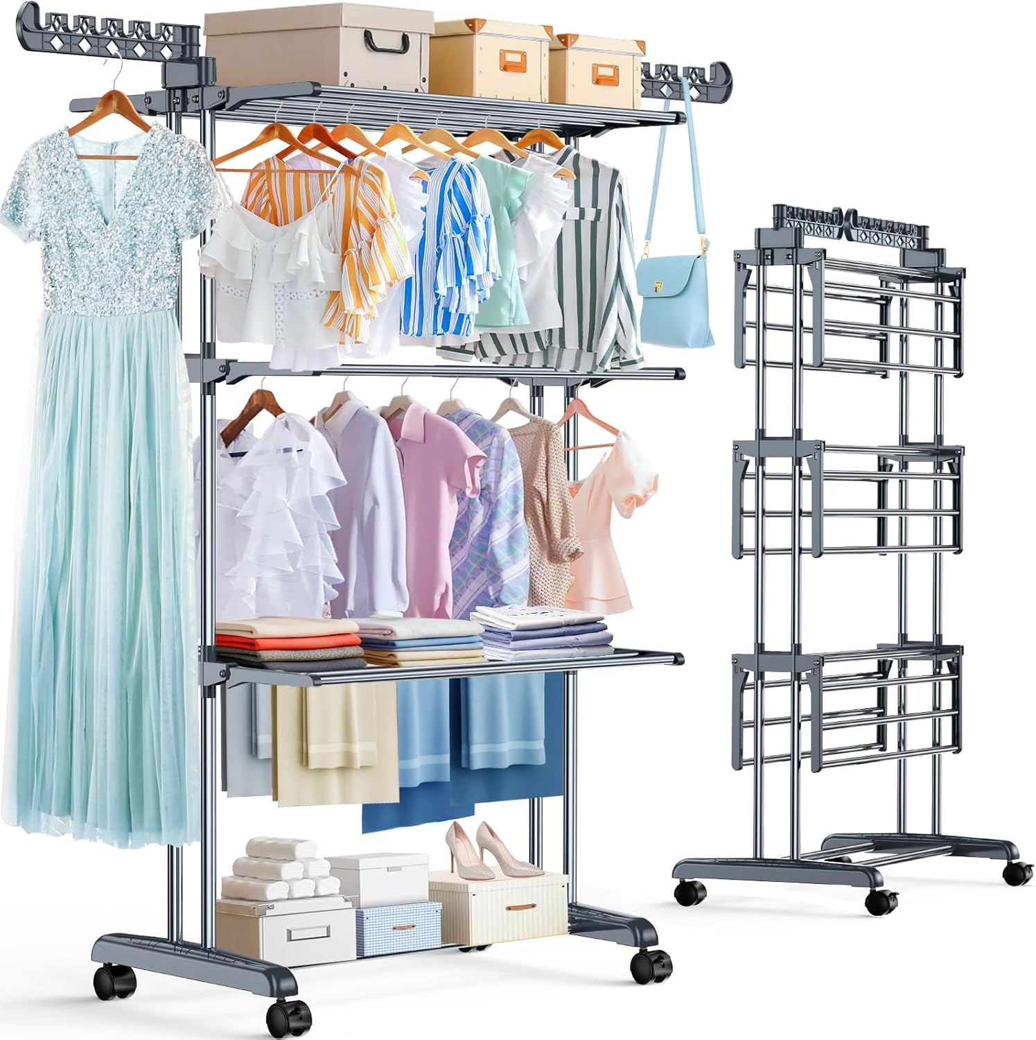 4-Tier Clothes Drying Rack with Wheels, 29.9 x 19.7 x 67.7 in - Foldable with Side Hooks