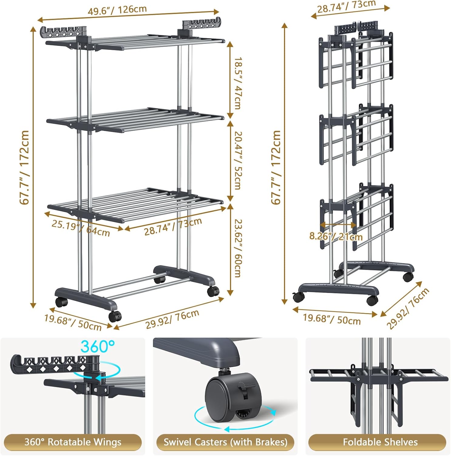 4-Tier Clothes Drying Rack with Wheels, 29.9 x 19.7 x 67.7 in - Foldable with Side Hooks