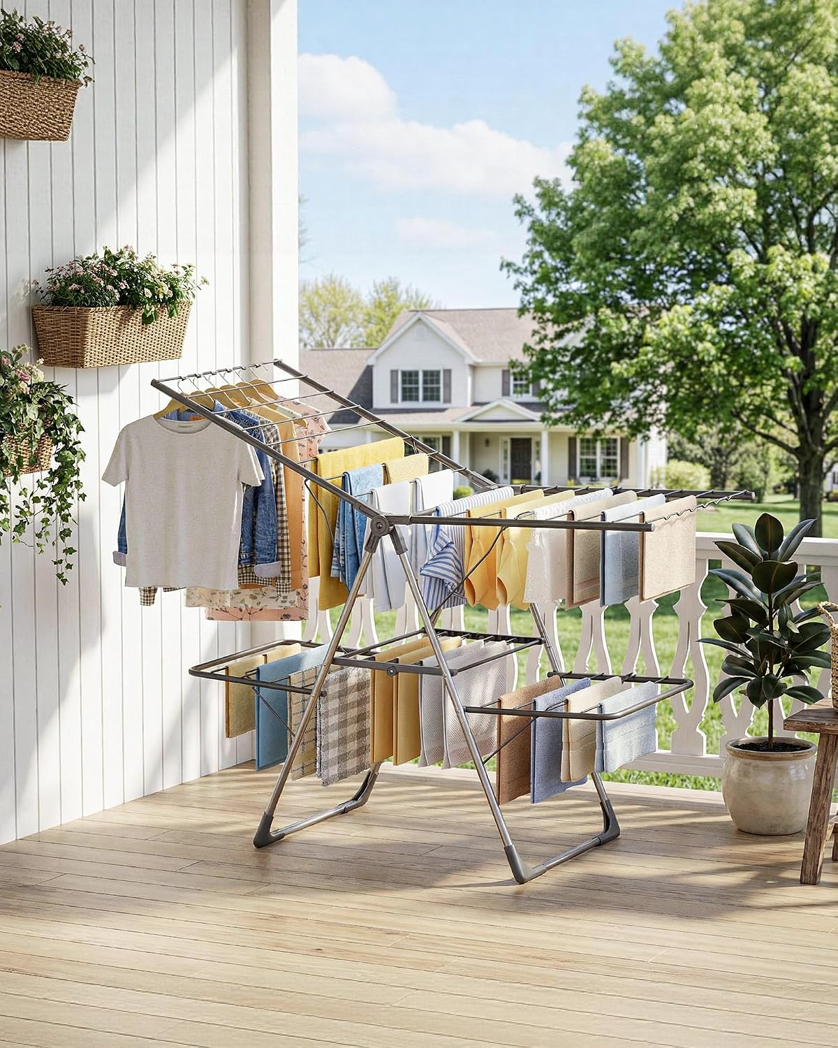 2-Level Clothes Drying Rack with 55.5 in Adjustable Wings - Height Adjustable, Gray