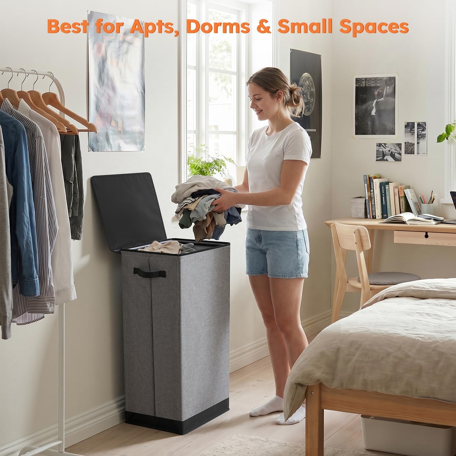Collapsible Laundry Hamper with Lid, 100 L - Built-In Metal Frame, Washable Bag