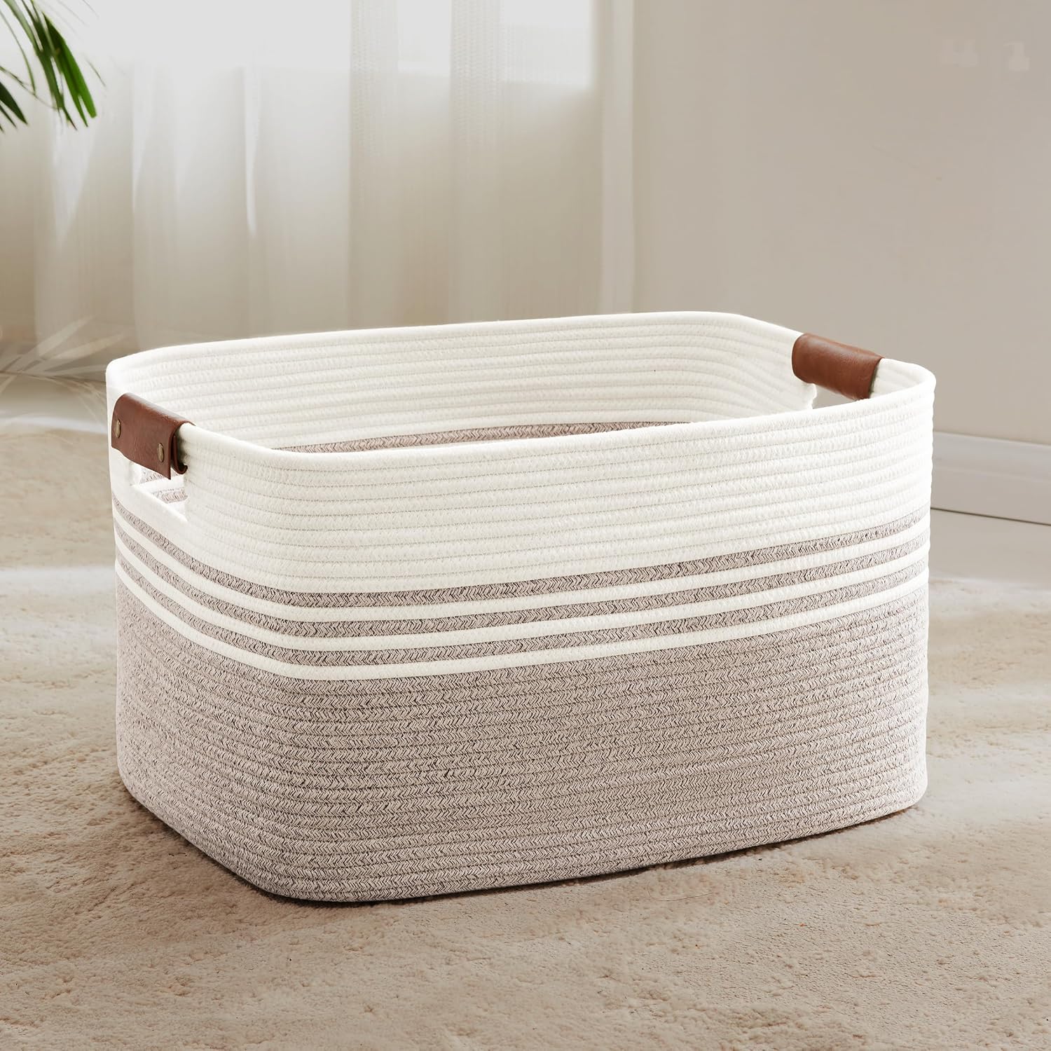 Woven Rope Laundry Basket with Leather Handles, 72 L - Collapsible, Brown